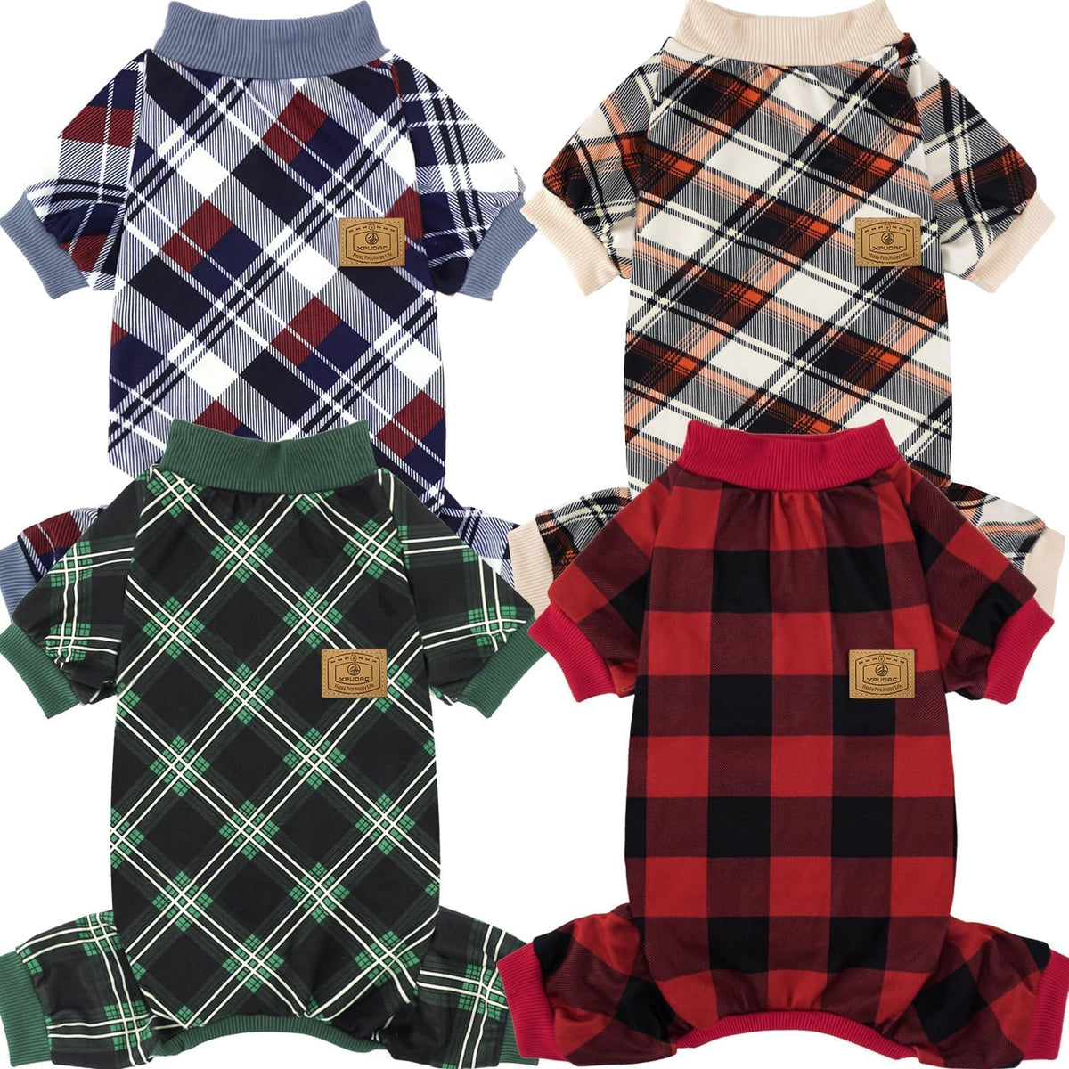 XPUDAC dog pajamas four-pack shown for festive warmth and easy dressing.