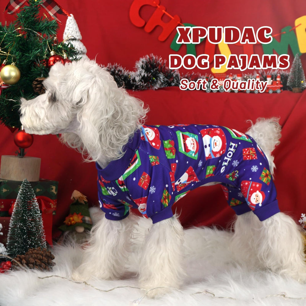 XPUDAC gift-pattern dog pajamas ideal for holiday gifting and family photos.