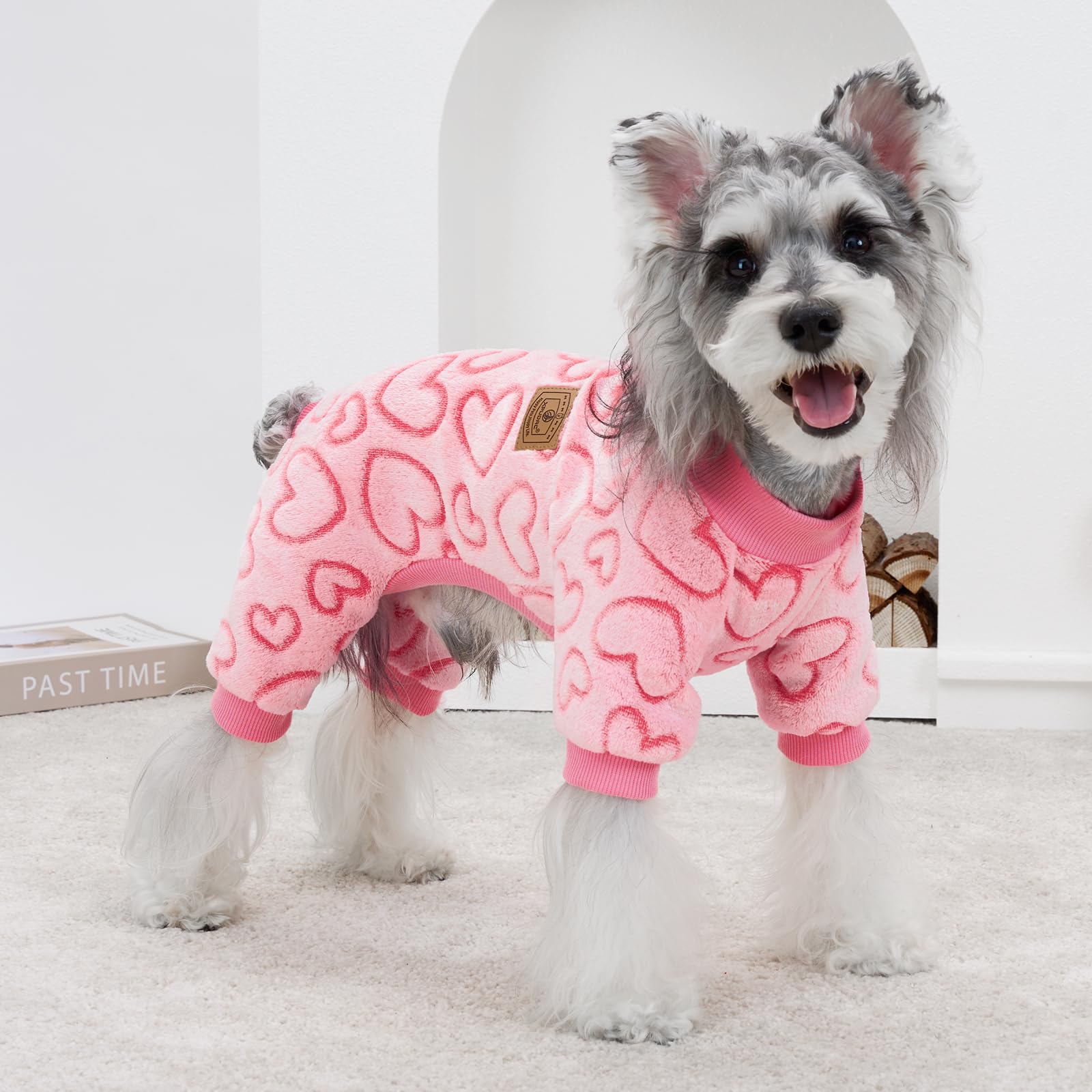 XPUDAC dog pajamas heart sweater chest close-up, breathable fleece keeps dog comfy
