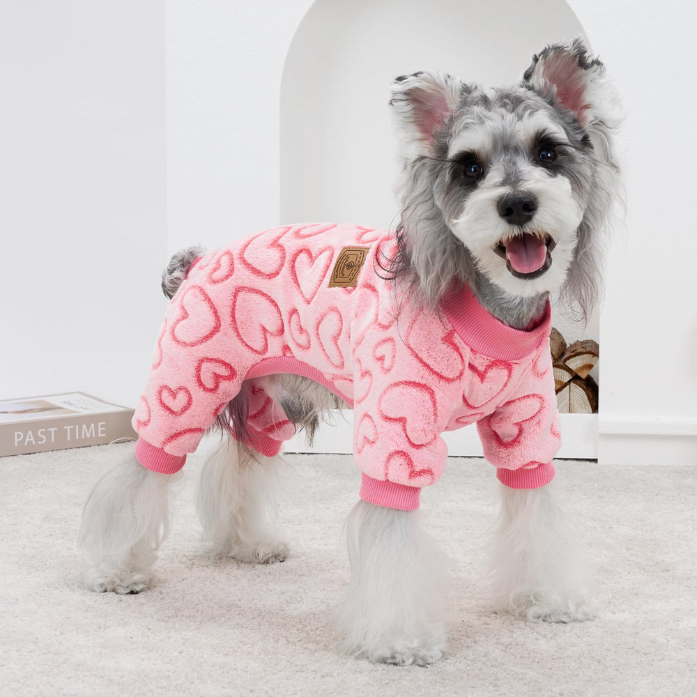XPUDAC dog pajamas heart sweater chest close-up, breathable fleece keeps dog comfy