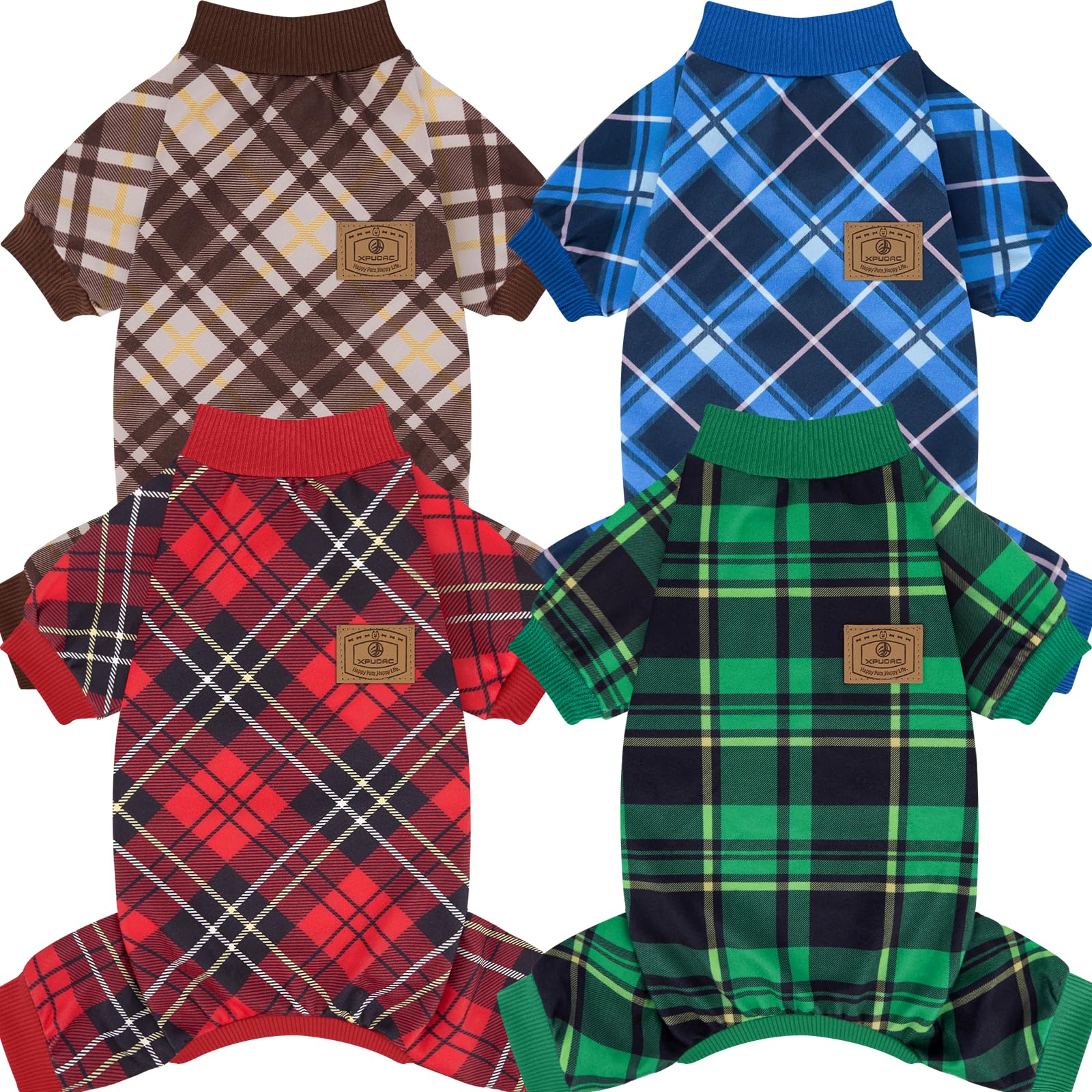 XPUDAC dog pajamas plaid front view shows cozy, easy-fit design for small dogs