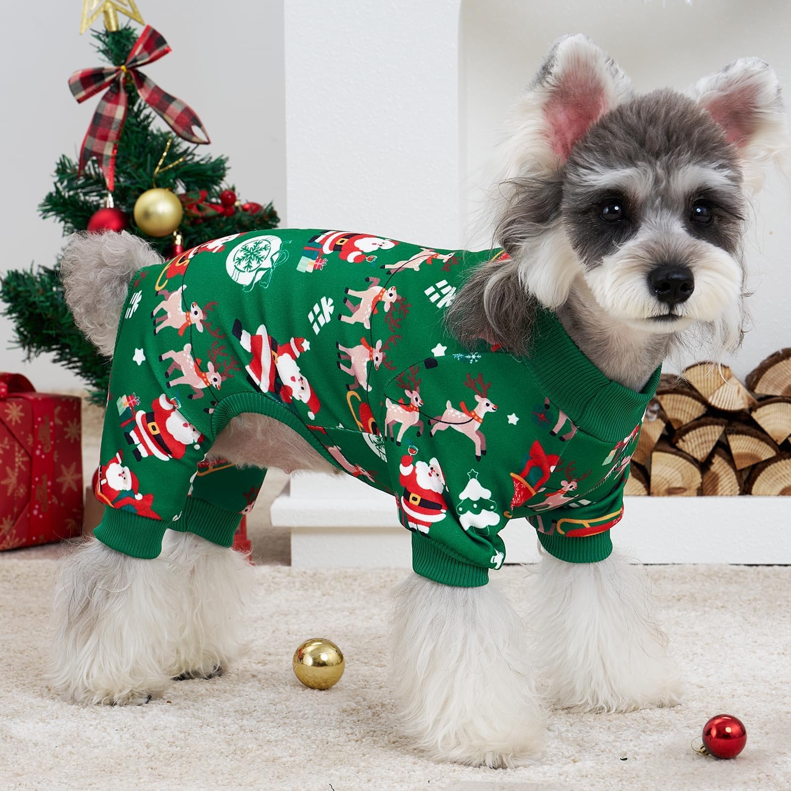 XPUDAC Christmas dog pajamas close-up Santa/reindeer pattern highlight soft fabric.