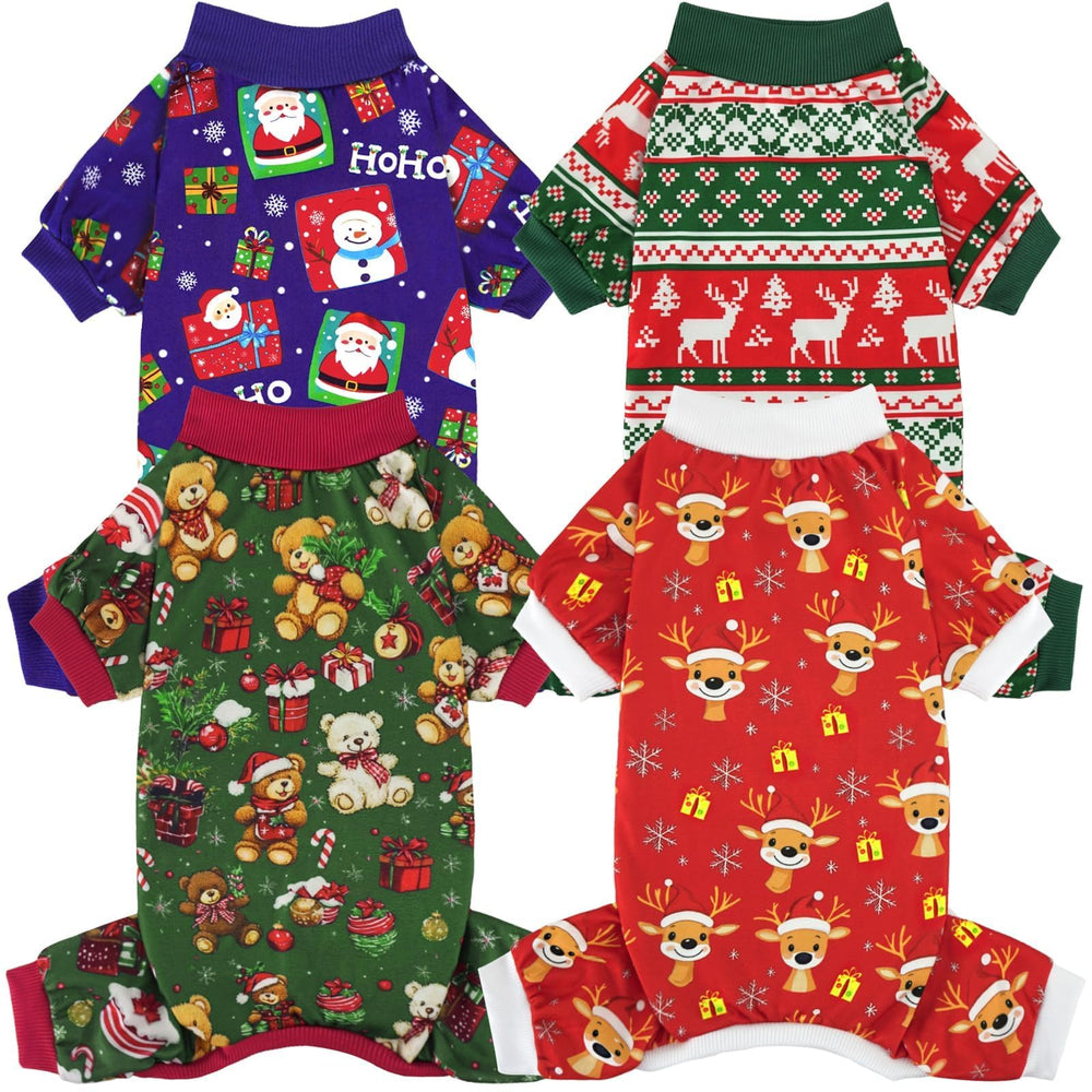 XPUDAC four-pack dog Christmas pajamas in festive patterns for cozy nights and photos.