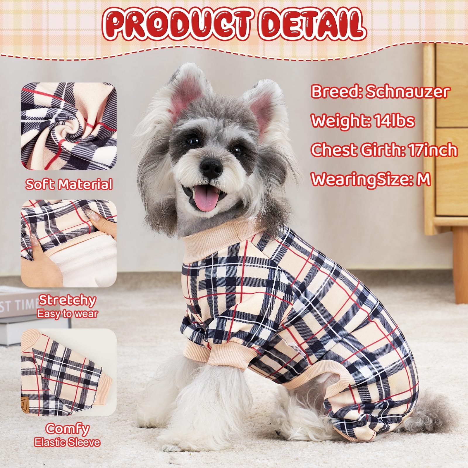 XPUDAC plaid dog pajamas back view, high-cut belly for easy potty breaks.