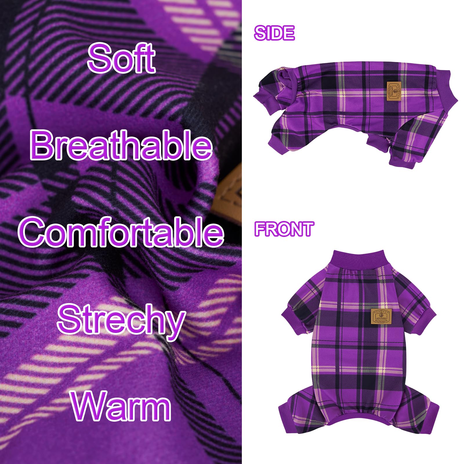 XPUDAC plaid dog pajamas worn by a pup in festive photo props.