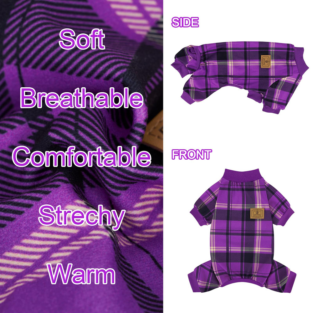 XPUDAC plaid dog pajamas worn by a pup in festive photo props.