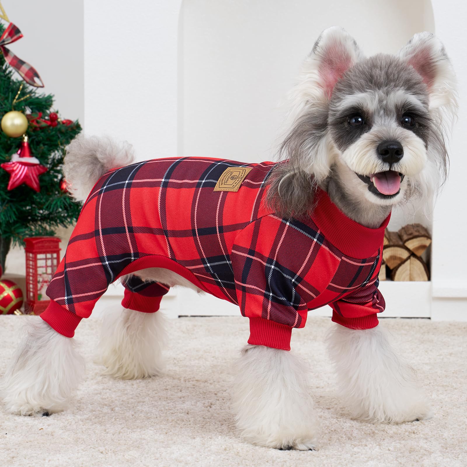 XPUDAC plaid dog pajamas side view, stretchable neck and legs.