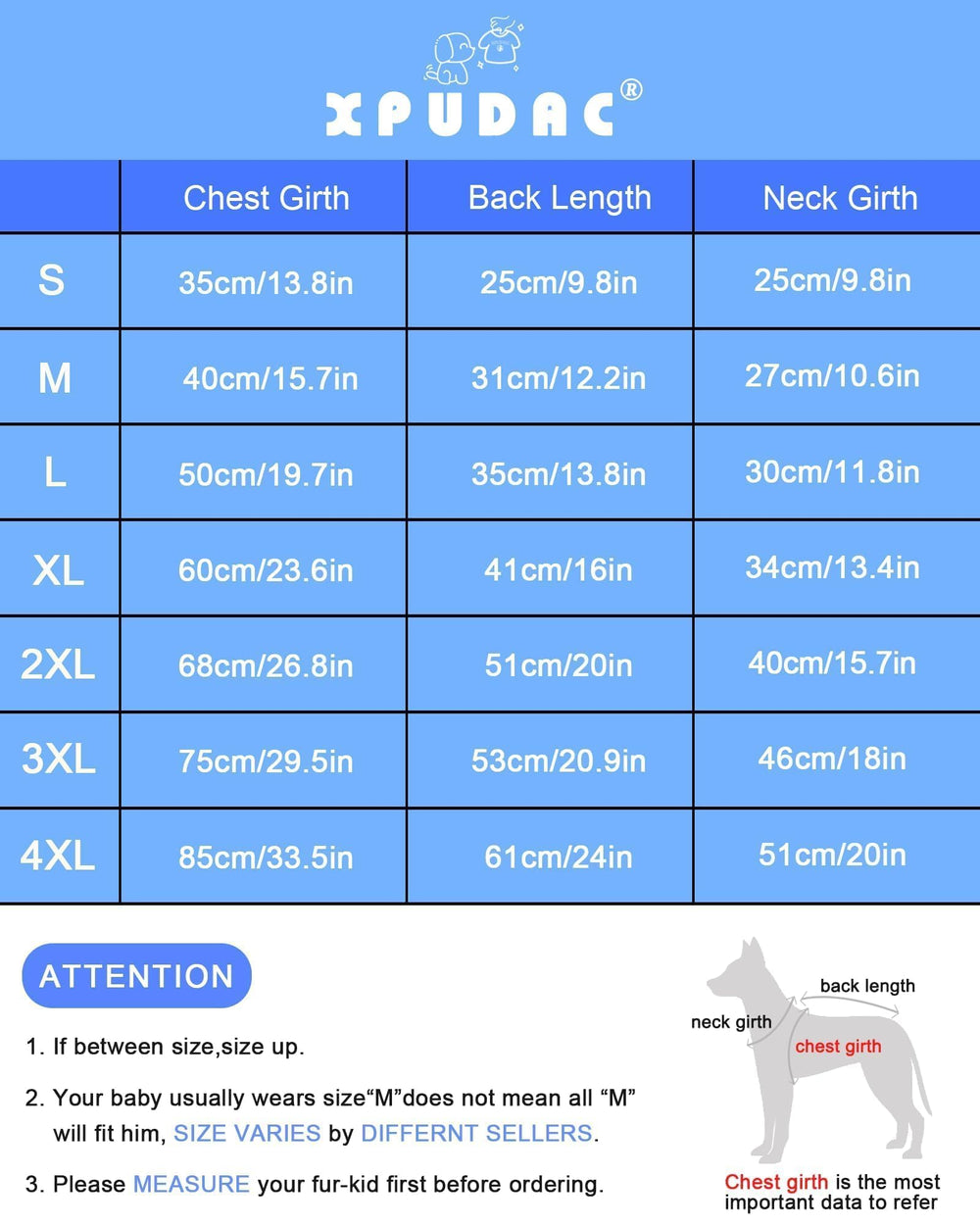 XPUDAC seven-sizes chart visual showing universal fit for small to large dogs.