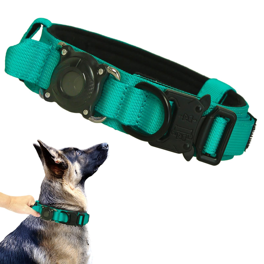Xqpetlihai upgraded AirTag dog collar front view, rugged nylon for daily adventures.