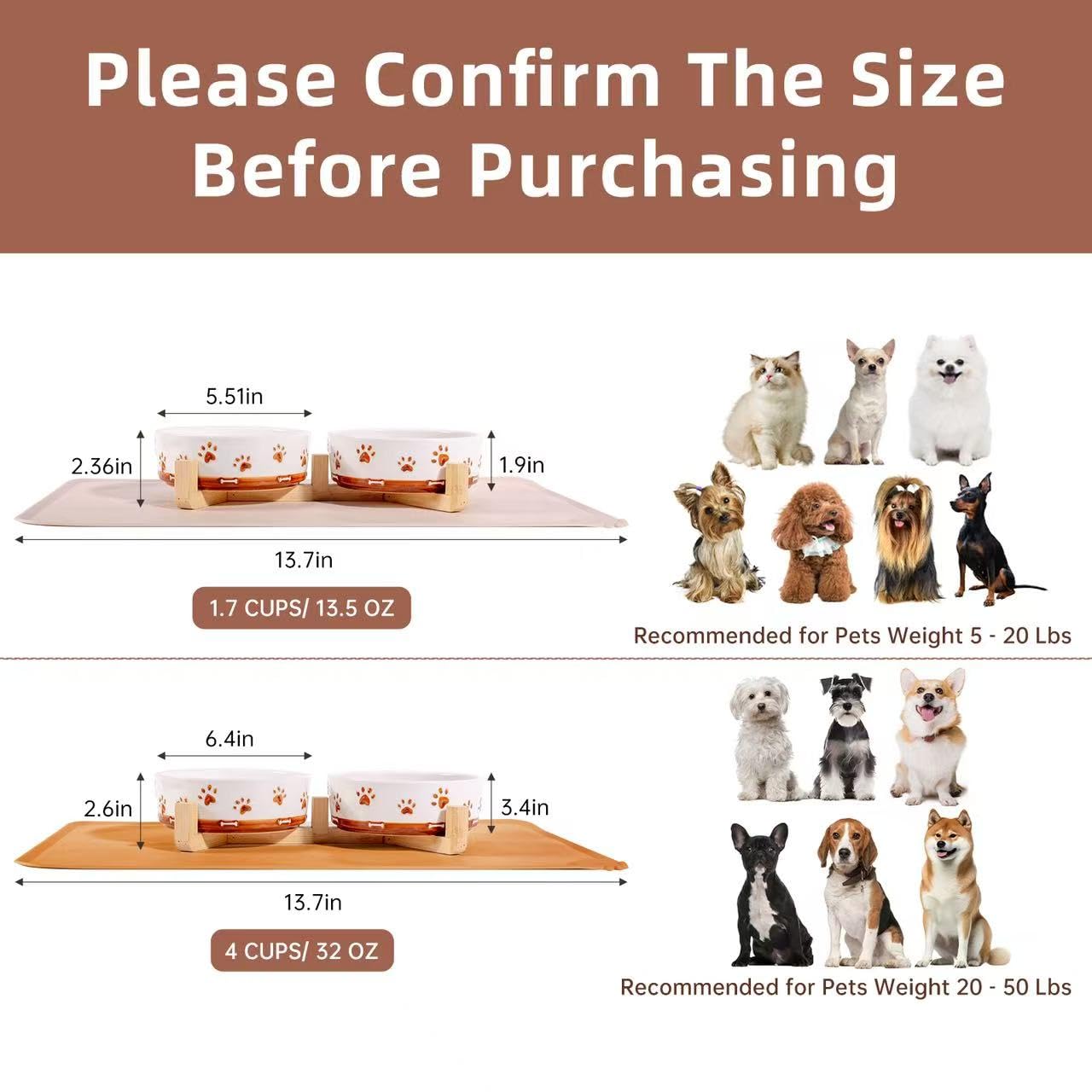 XRBEOU ceramic puppy bowls 13.5 oz set with mat for spill-free feeding.