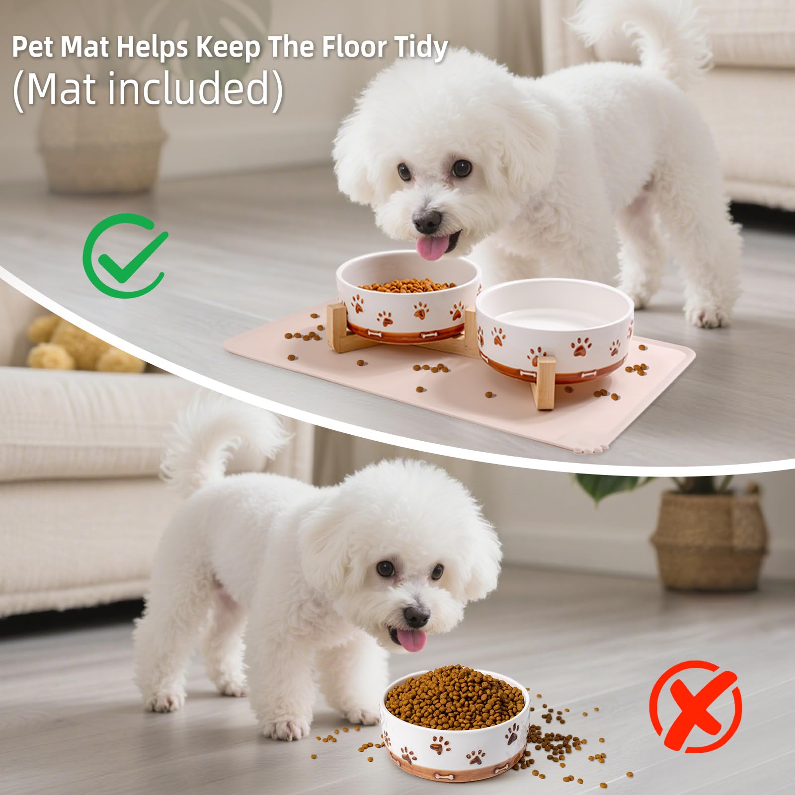 XRBEOU elevated wood stand raises bowls for comfortable small-dog dining.