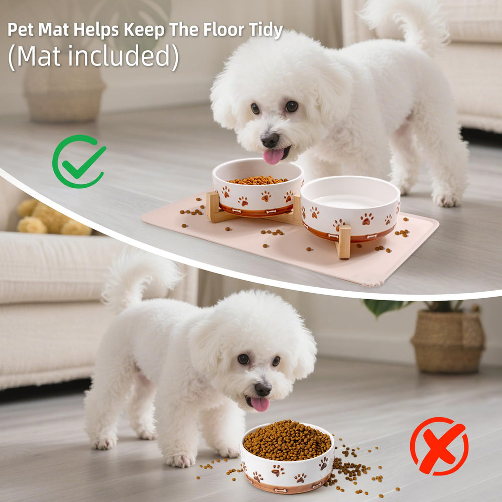 XRBEOU elevated wood stand raises bowls for comfortable small-dog dining.