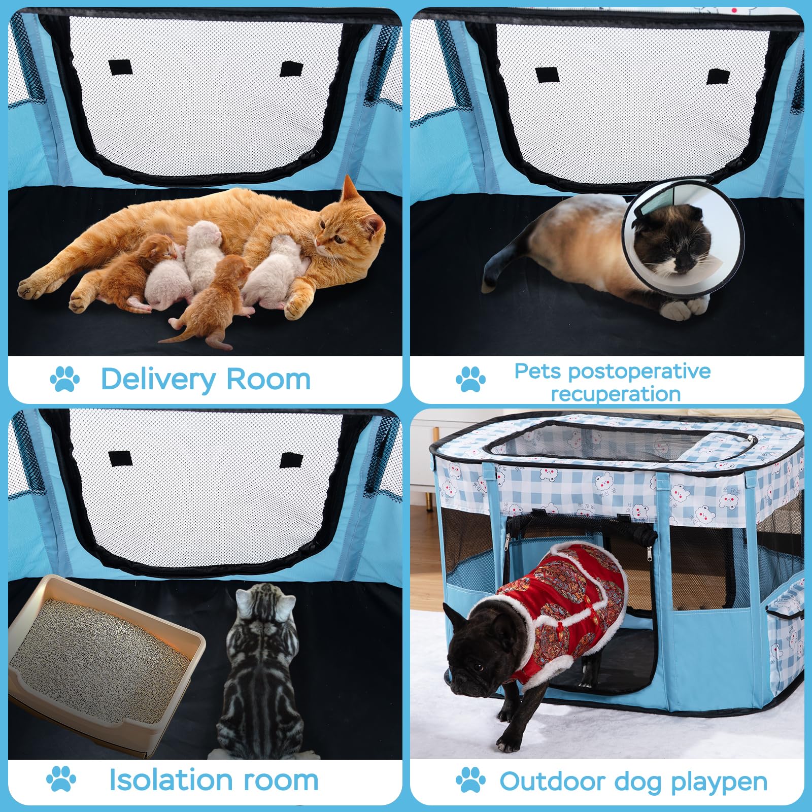 XRG portable pet playpen for dogs cats rabbits image shows multiple pets.