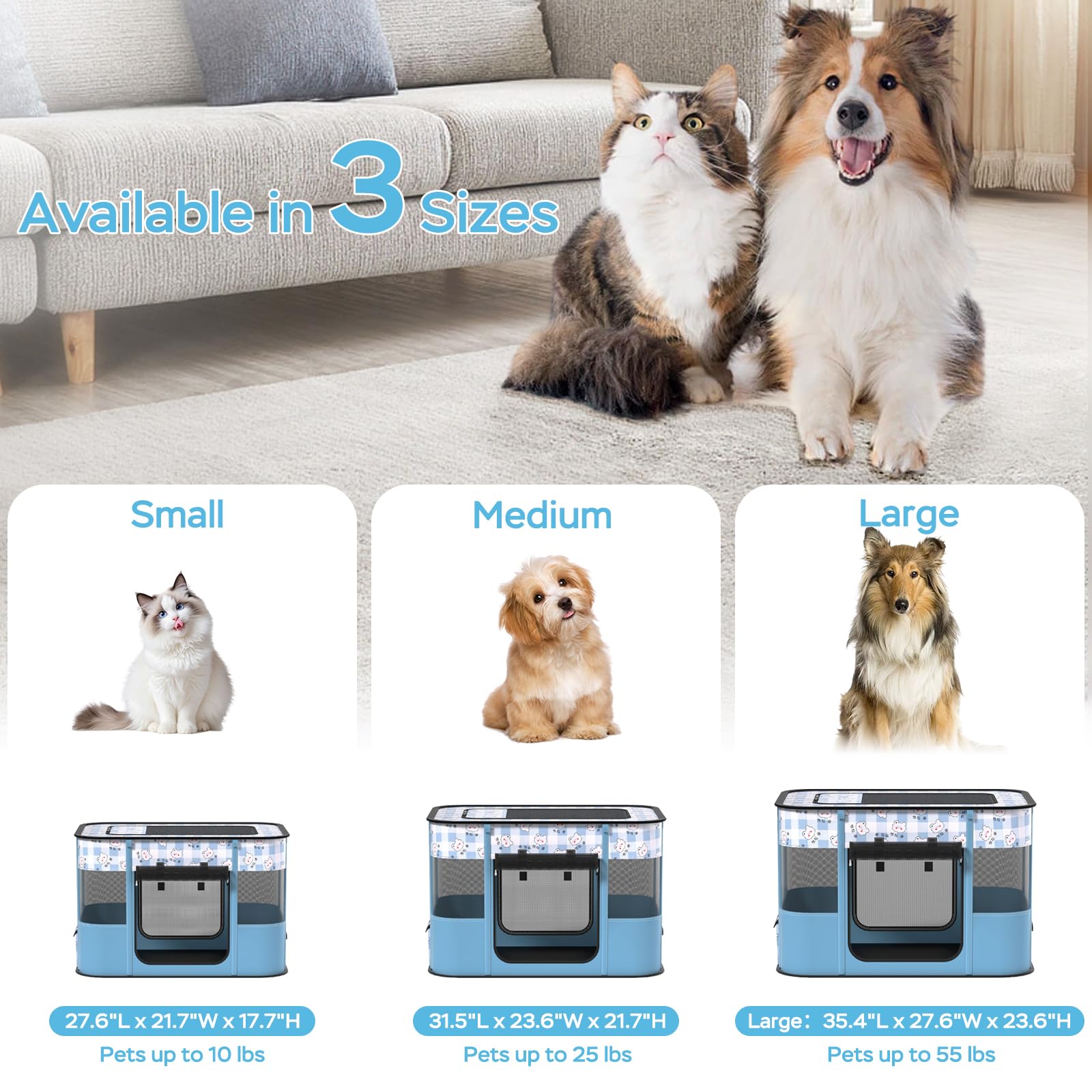 XRG portable pet playpen four-sizes option image demonstrates size fit.