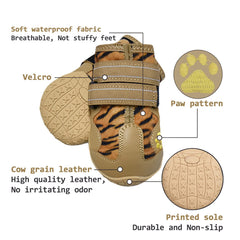 XSY&G Leopard dog boots with reflective strips for nighttime visibility and safety.