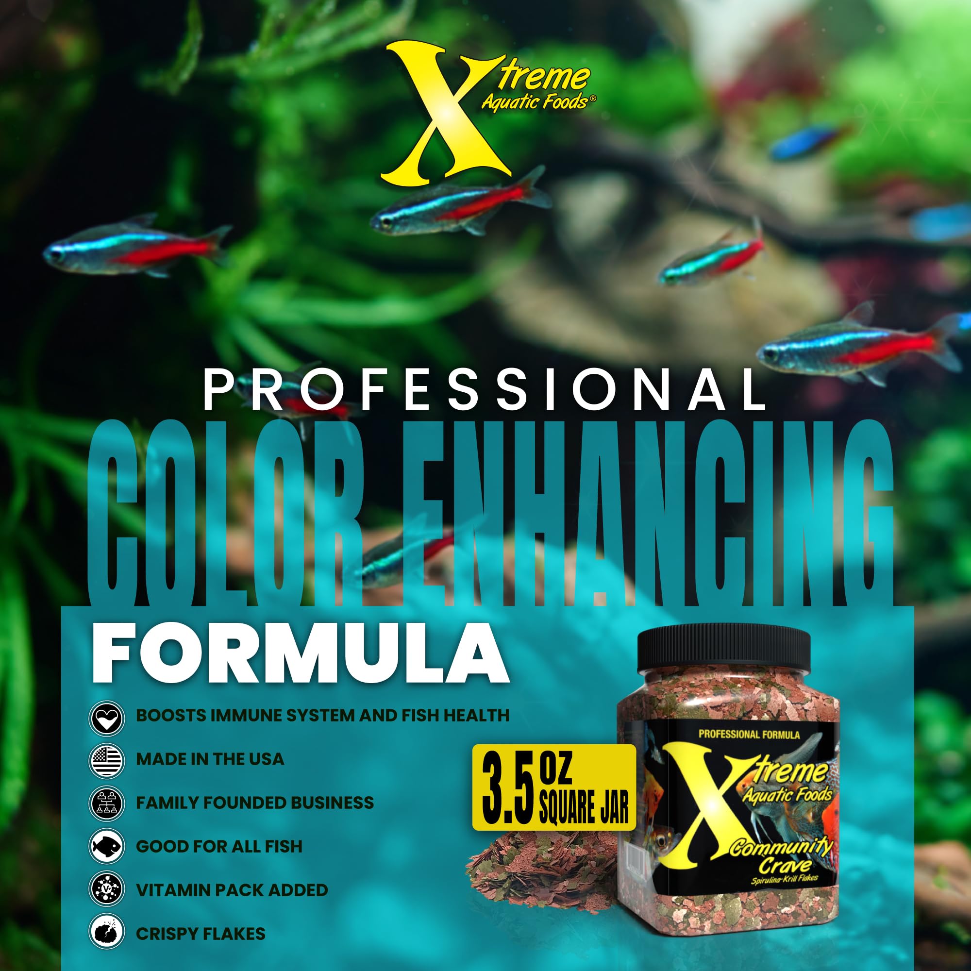 Xtreme Aquatic Foods Crave Flake water-clarity demonstrates crystal-clear tanks during daily feeding.