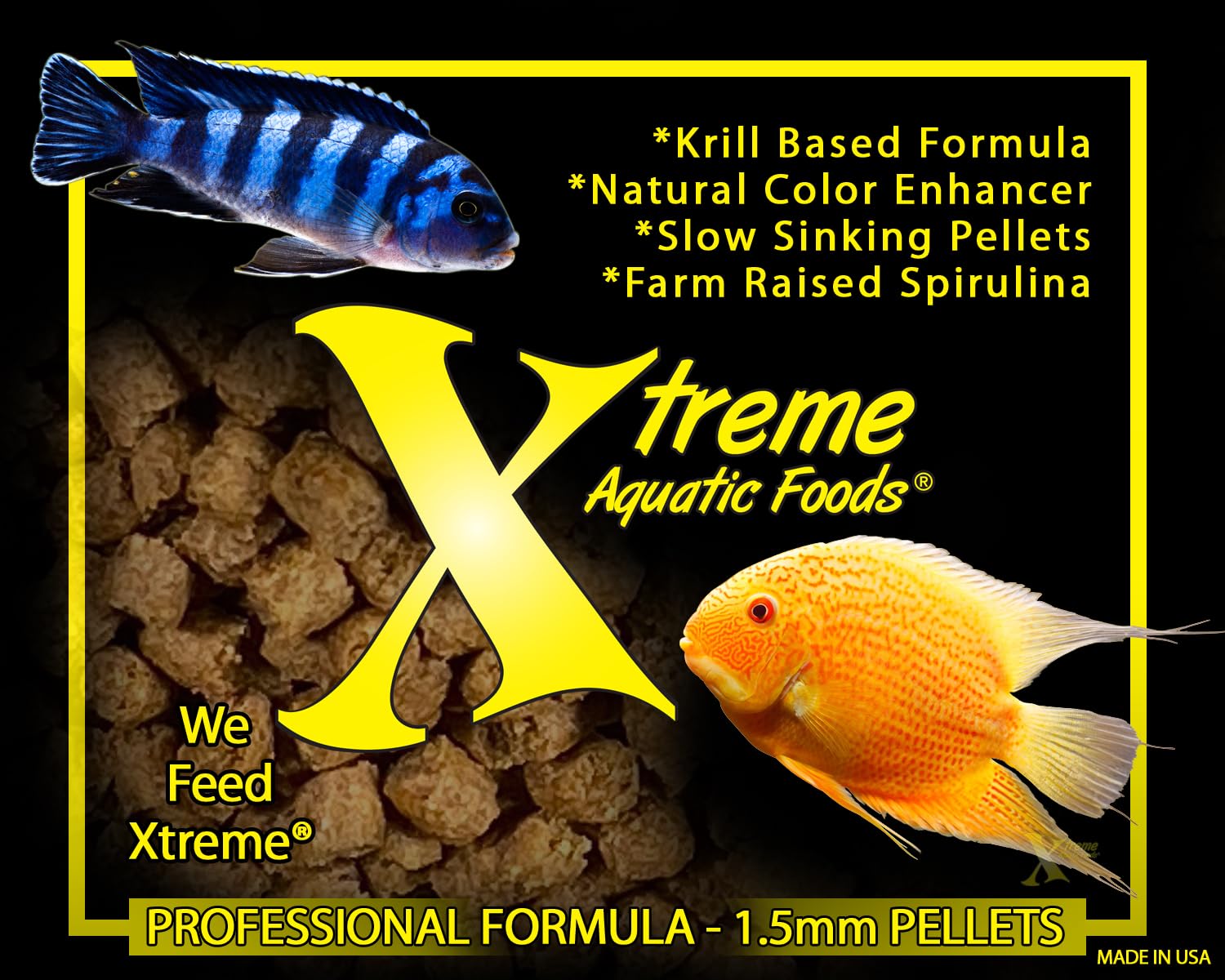 Xtreme Cichlid PeeWee Pellets bottle highlights USA farm-grown nutrition.