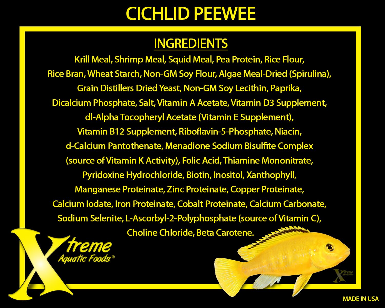 Xtreme Cichlid PeeWee Pellets ingredients diagram highlights balanced amino acids.