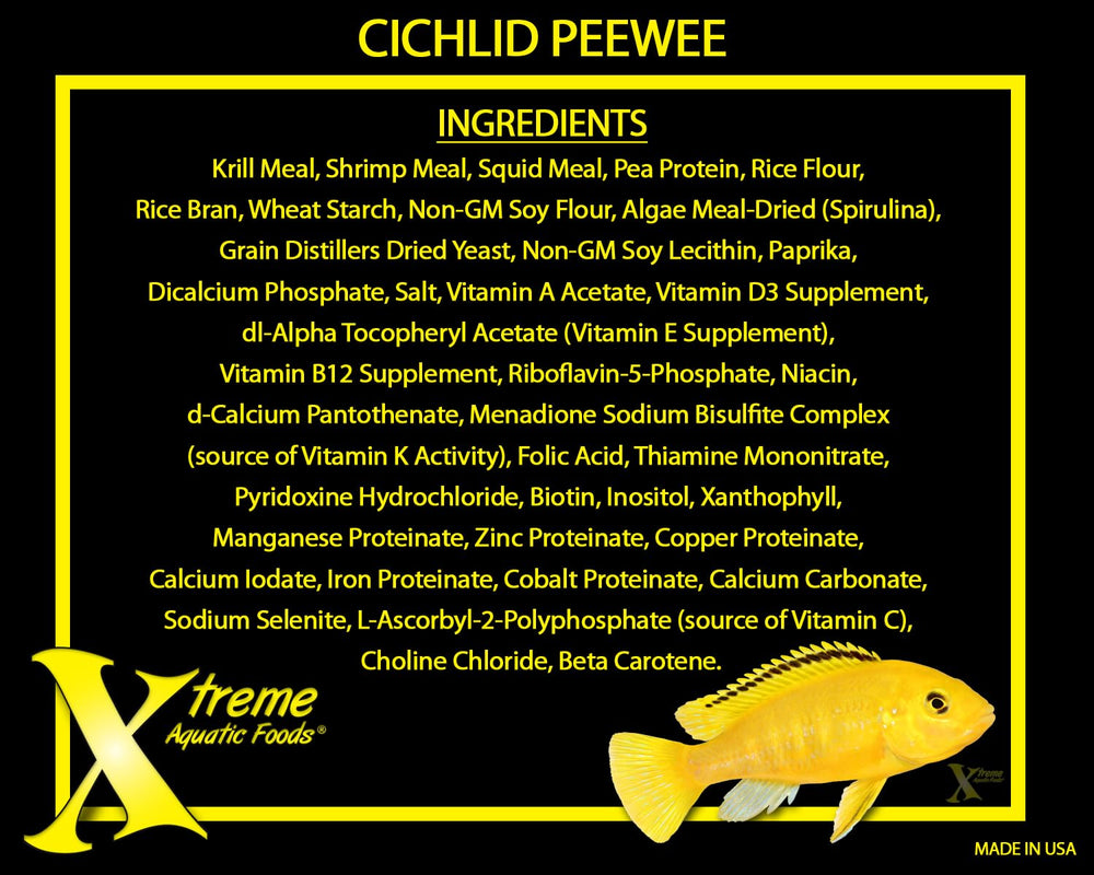 Xtreme Cichlid PeeWee Pellets ingredients diagram highlights balanced amino acids.