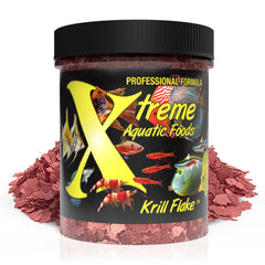 Xtreme Krill Flakes bottle close-up highlighting premium ingredients for healthy fish.