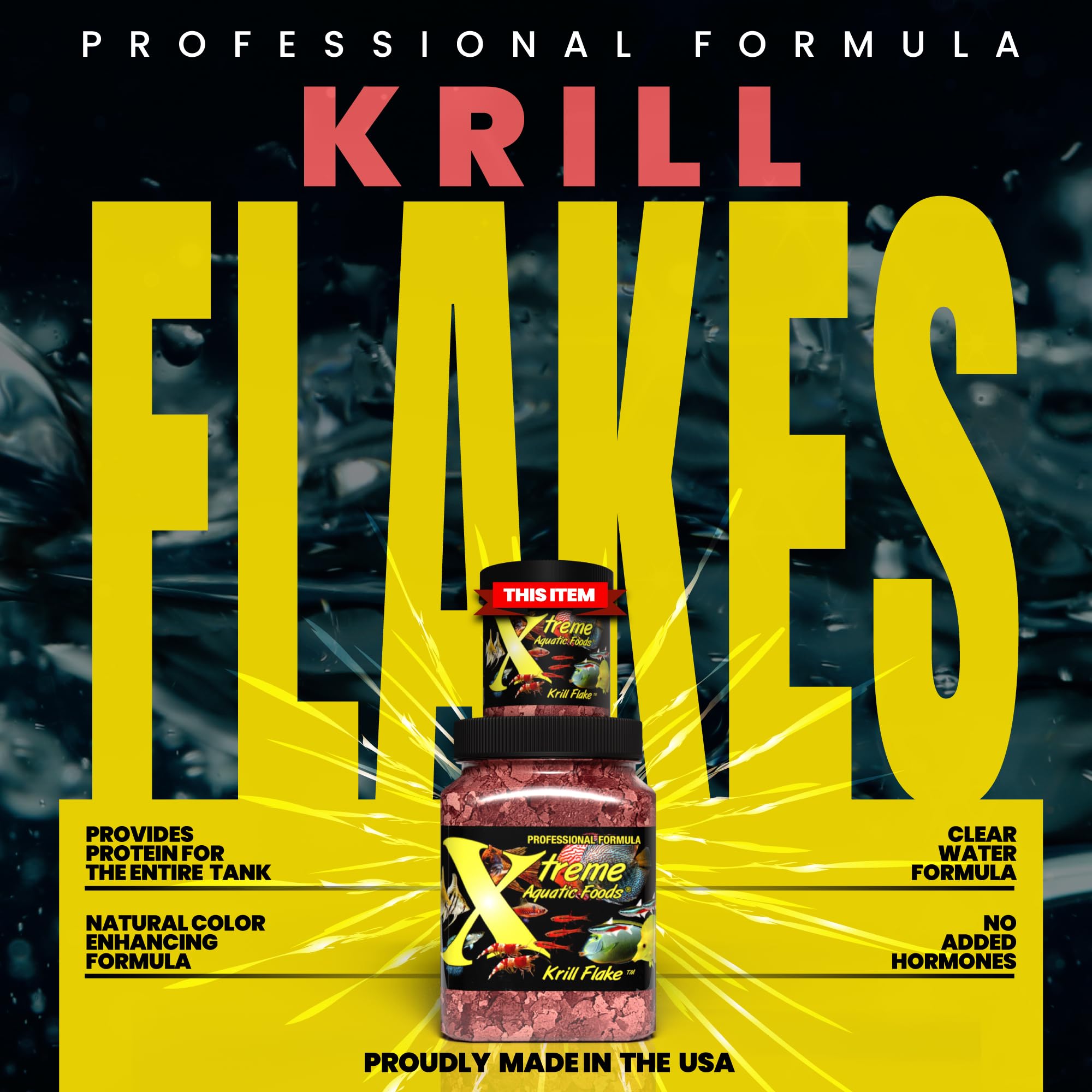 Xtreme Krill Flakes being poured, quick-dissolving for easy feeding action.