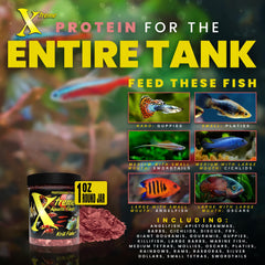 Xtreme Krill Flakes ingredients pack highlighting krill, shrimp, spirulina.