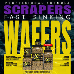 Xtreme Scrapers Wafers 14mm bundle in bowl demonstrates fast-sinking feed for nocturnal feeders.