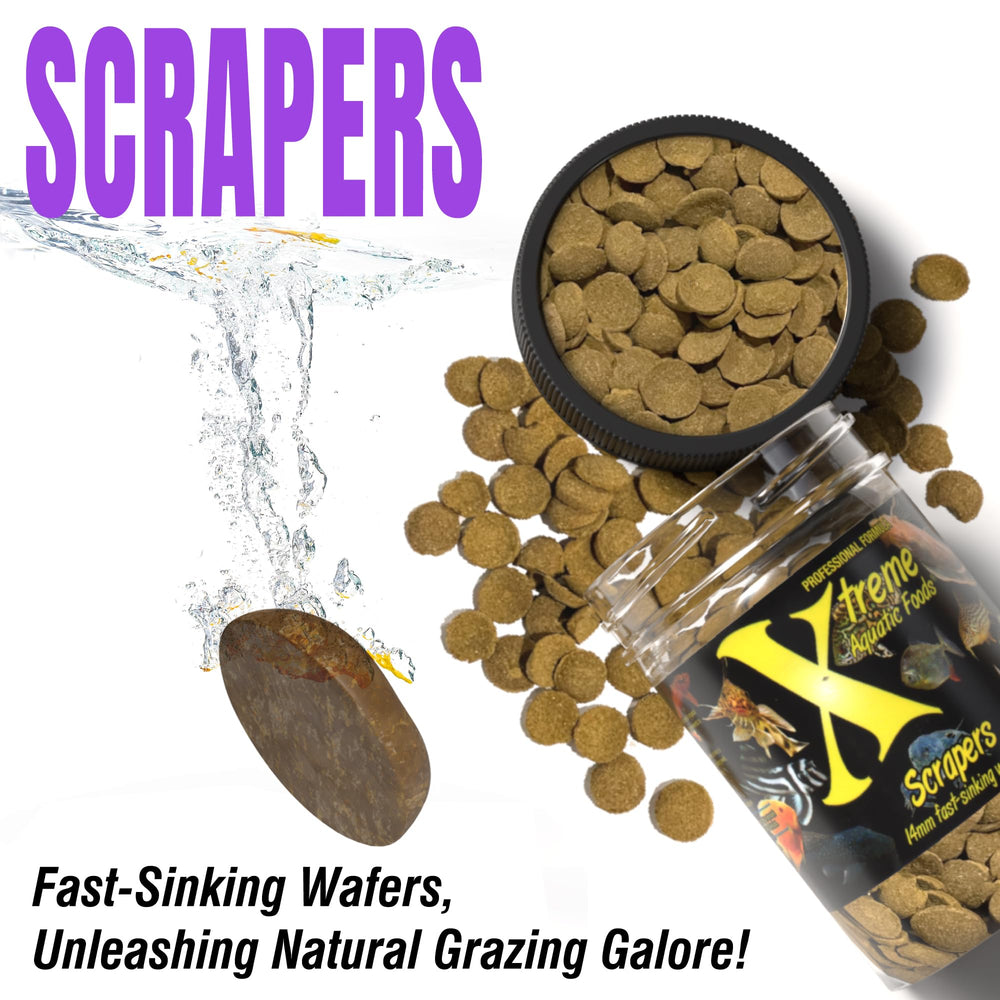 Xtreme Scrapers Wafers on tank shelf emphasize USA-made quality and premium ingredients.