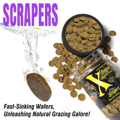 Xtreme Scrapers Wafers on tank shelf emphasize USA-made quality and premium ingredients.