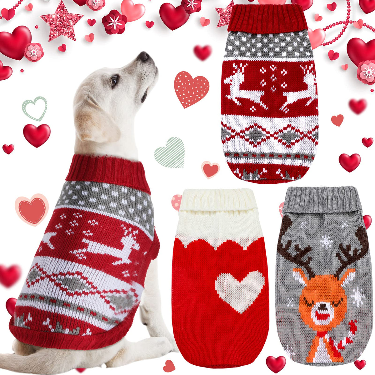 Xuniea 3-patterns Christmas pet sweaters pack with festive designs for holiday photos