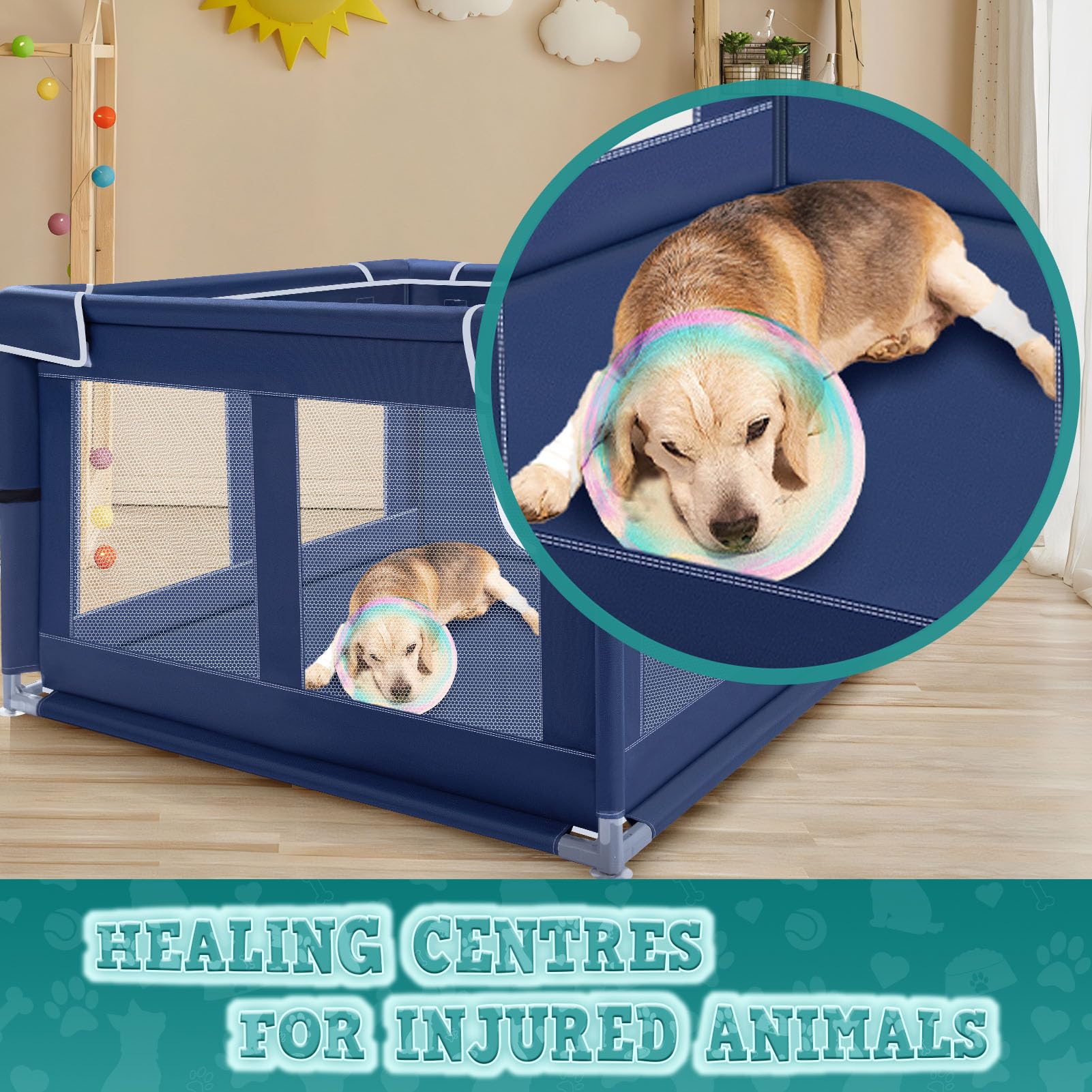 XVISHX dog playpen safety nylon mesh emphasizes secure containment during playtime