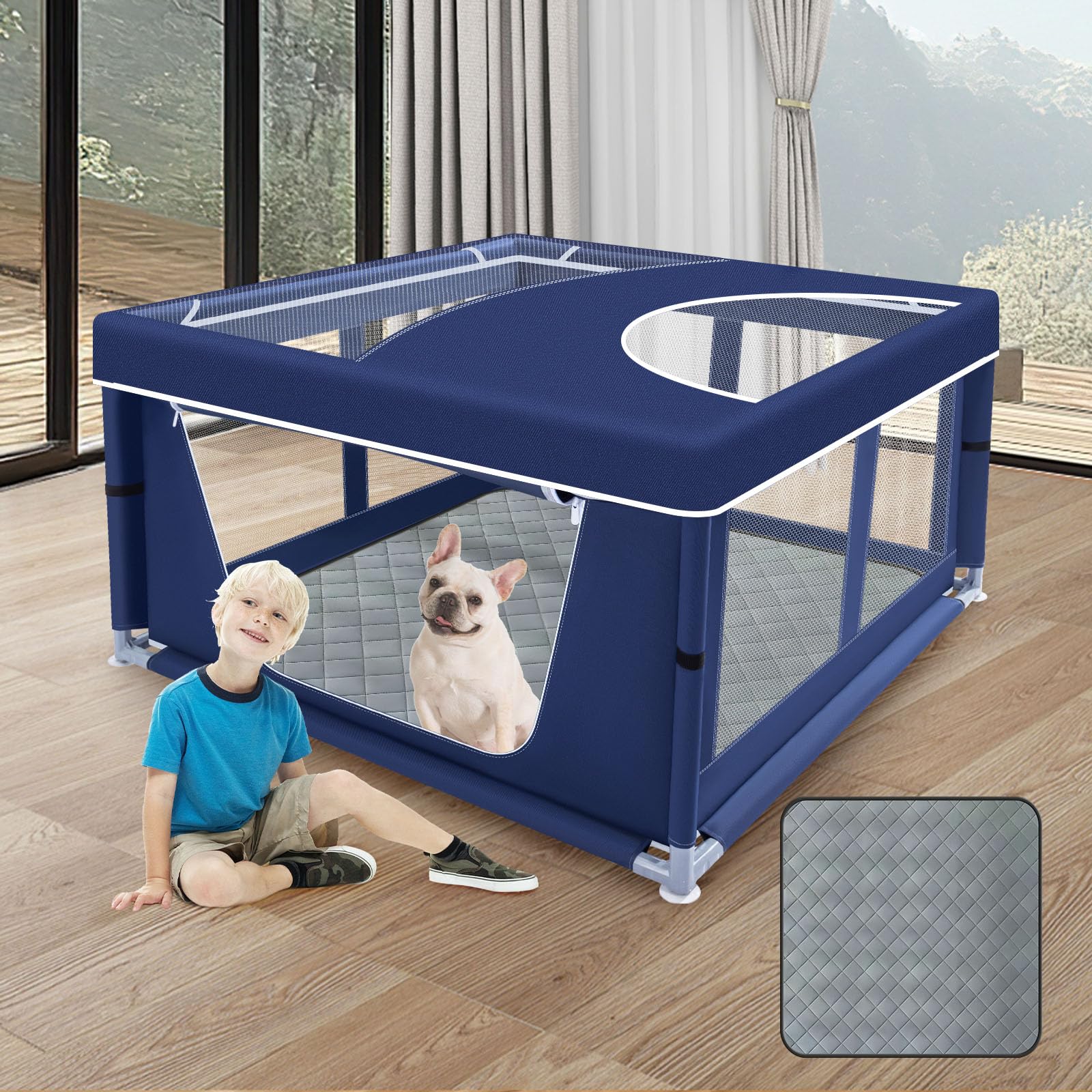 XVISHX puppy playpen cover provides protected outdoor play space.