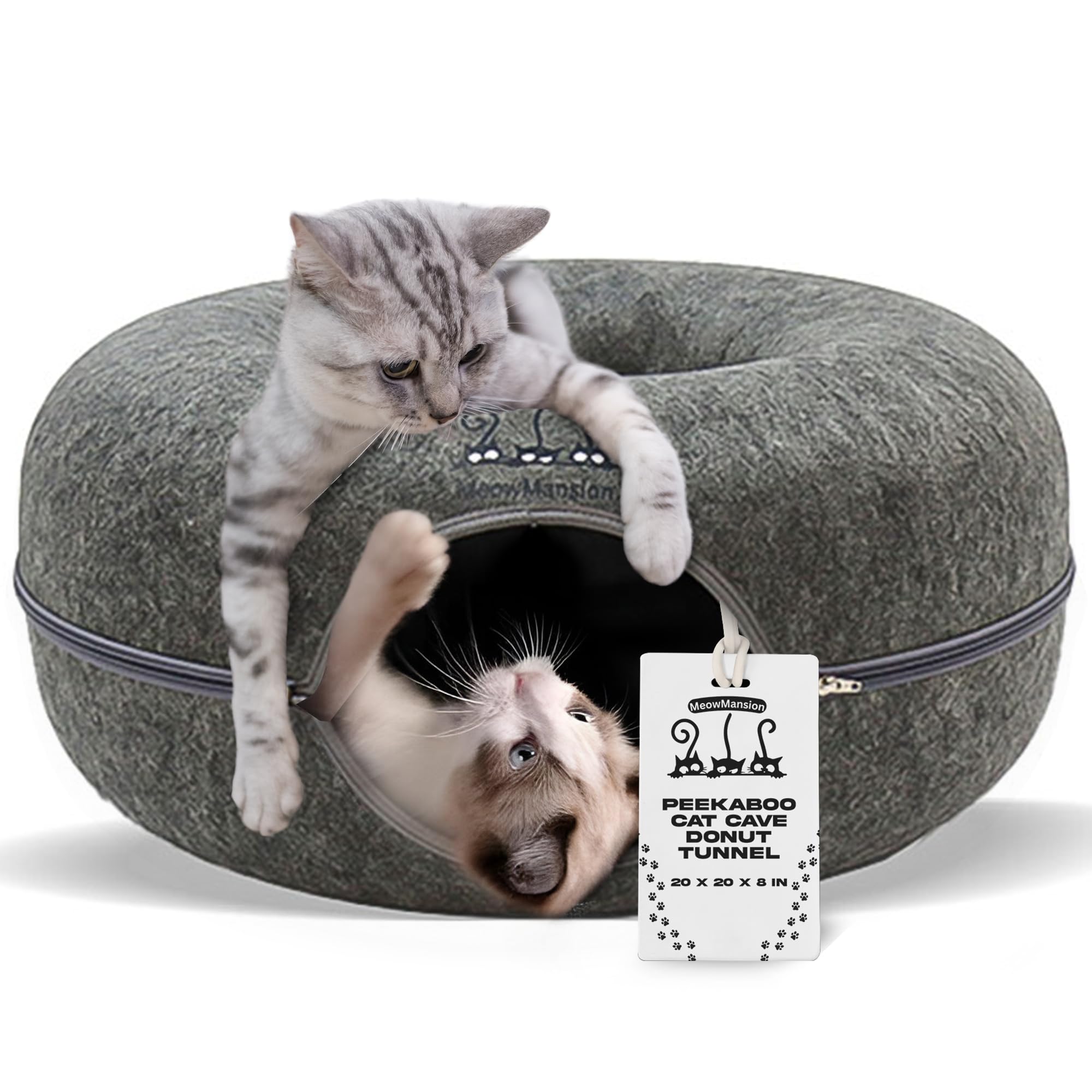 XWIDE MeowMansion donut cave in gray offers a spacious hideaway for cozy naps and play.
