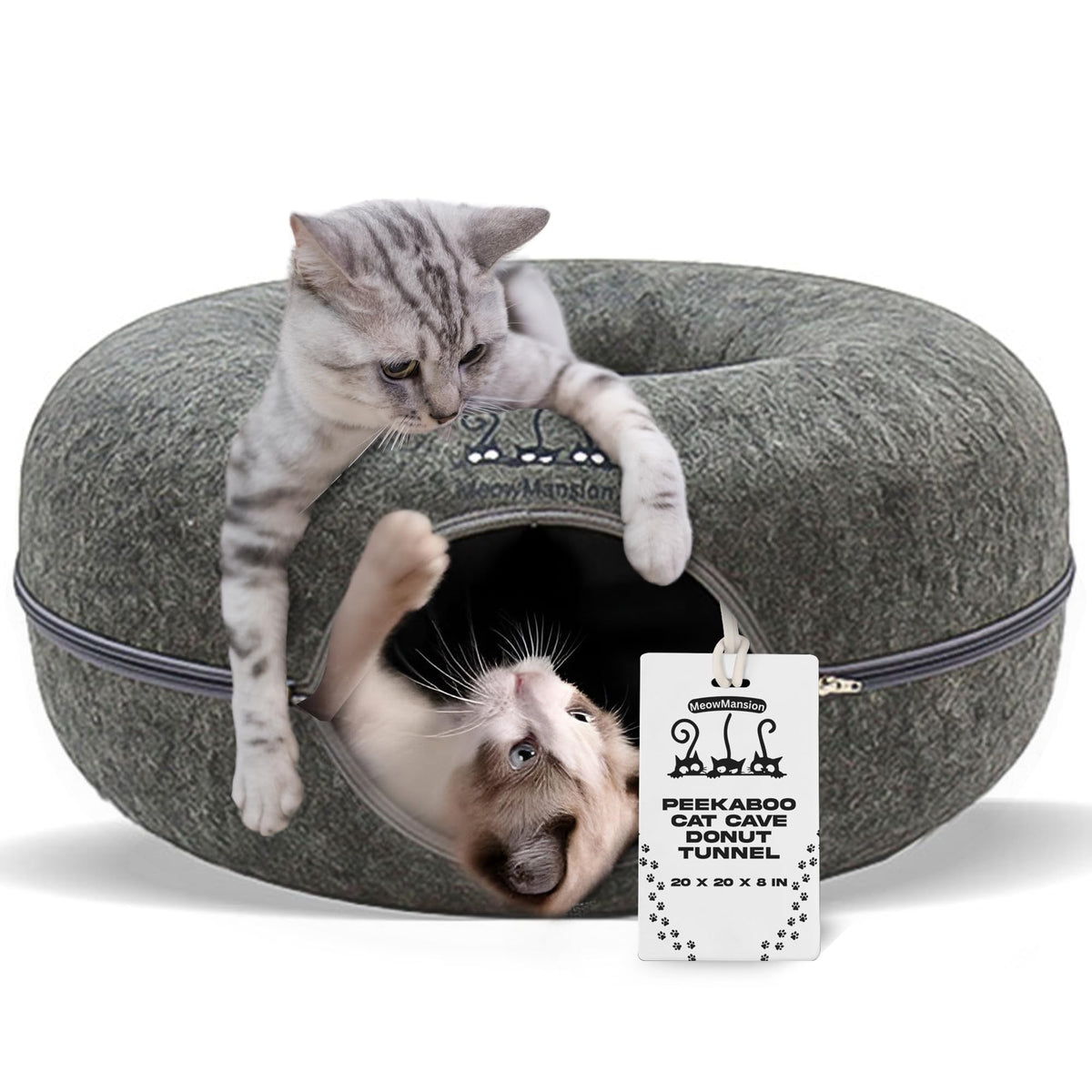 XWIDE MeowMansion donut cave in gray offers a spacious hideaway for cozy naps and play.
