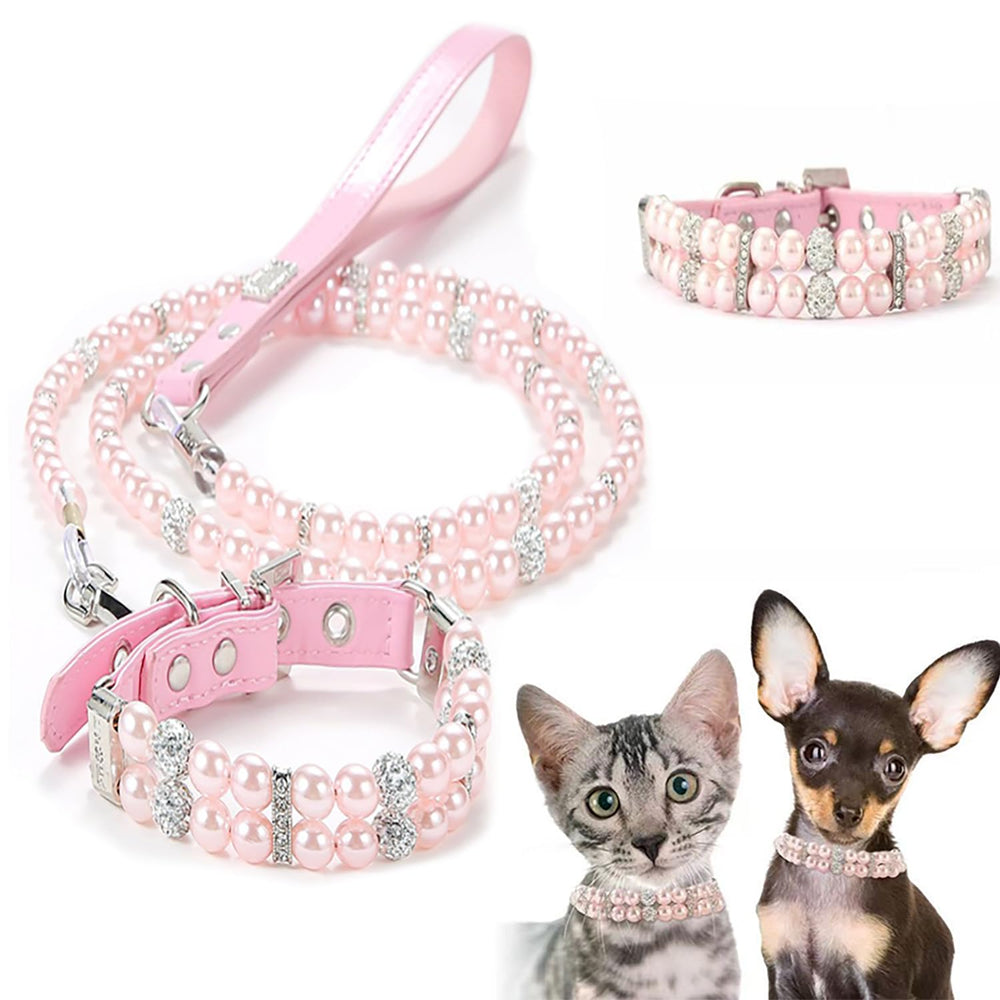 XWTMIM luxury pearl dog collar pink close-up with rhinestones for elegant outings.