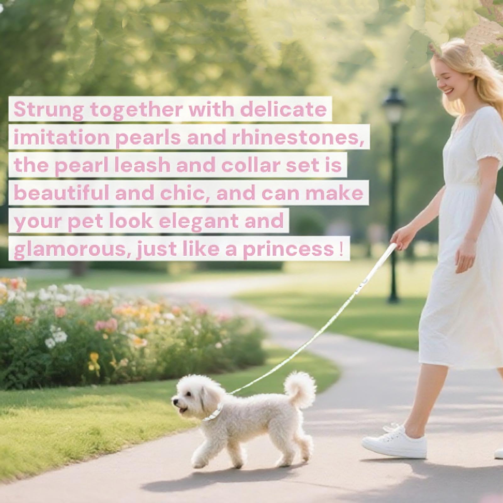 XWTMIM luxury pearl dog leash pink, long strap for stylish daily walks.