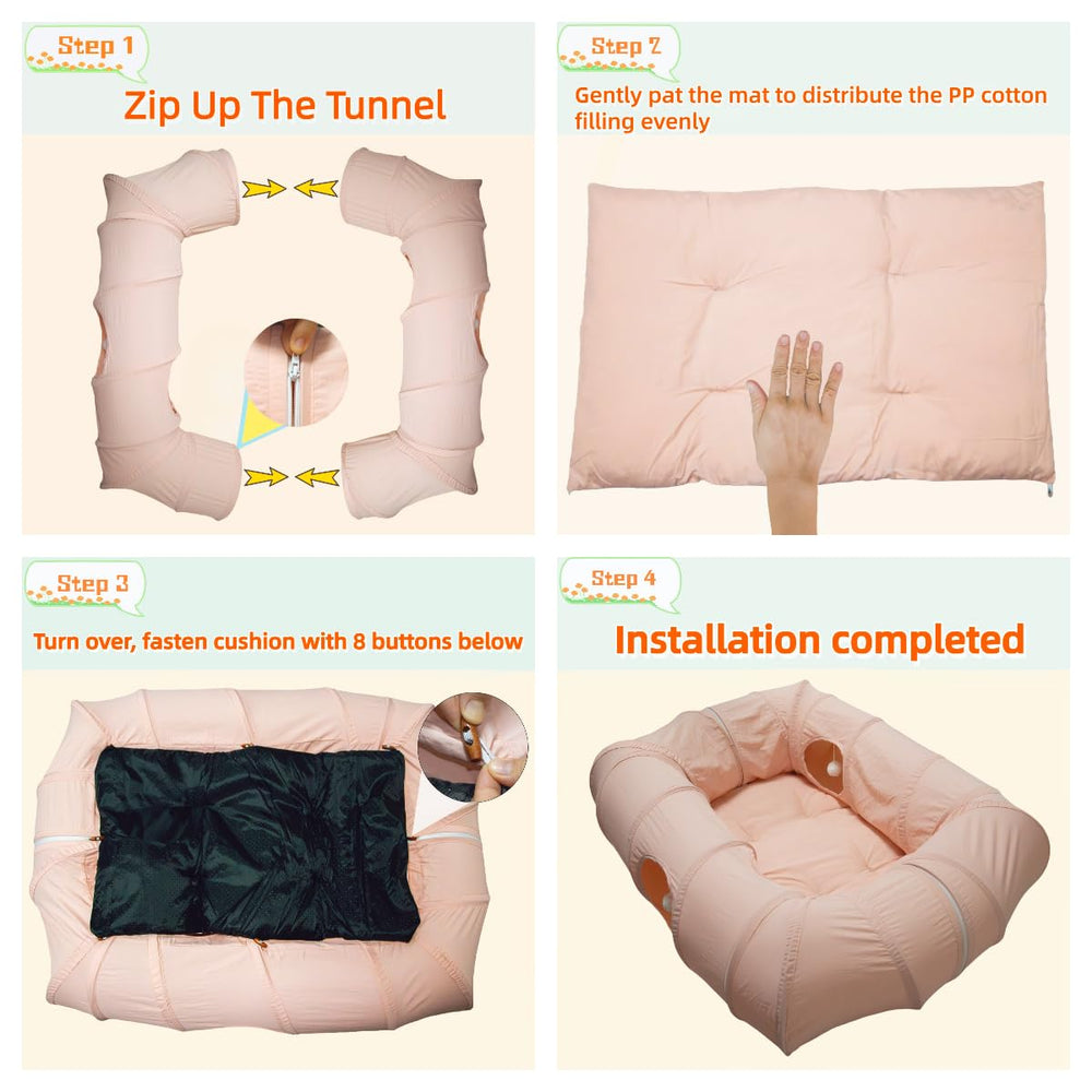 XxingSheep cat tunnel bed pink breathable fabric keeps cats cool.