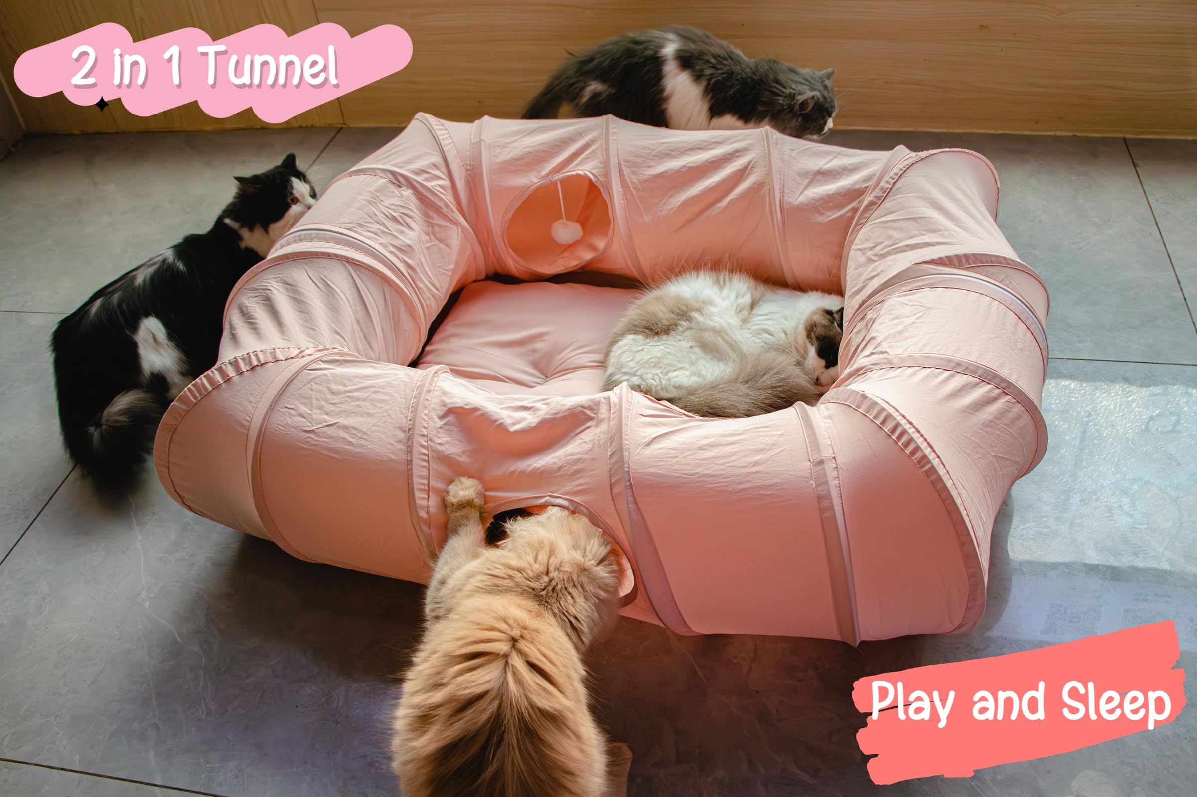 XxingSheep cat tunnel bed pink center mat comfort for lounging.