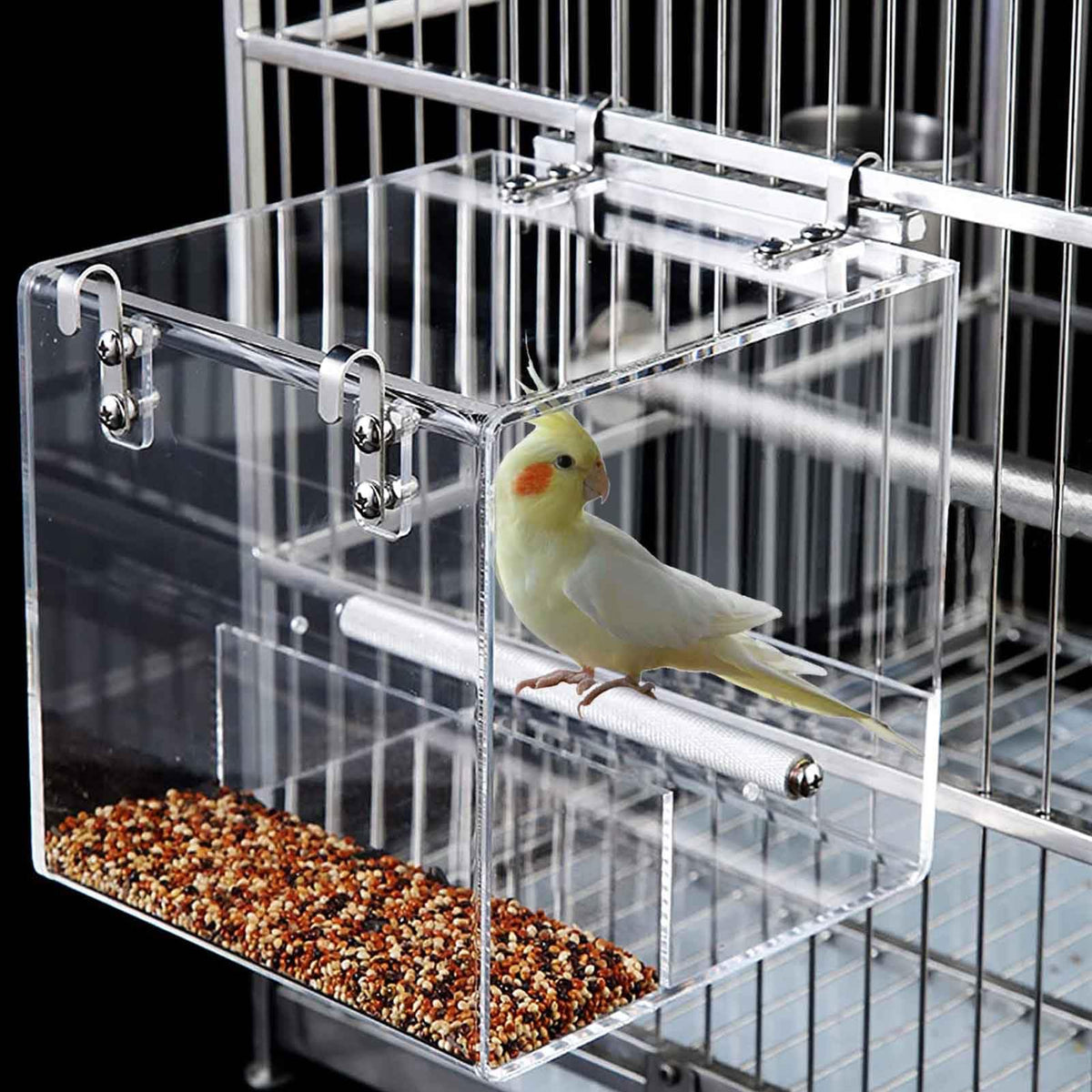 Xxmbbjy automatic acrylic bird feeder on cage, front view, mess-free dining