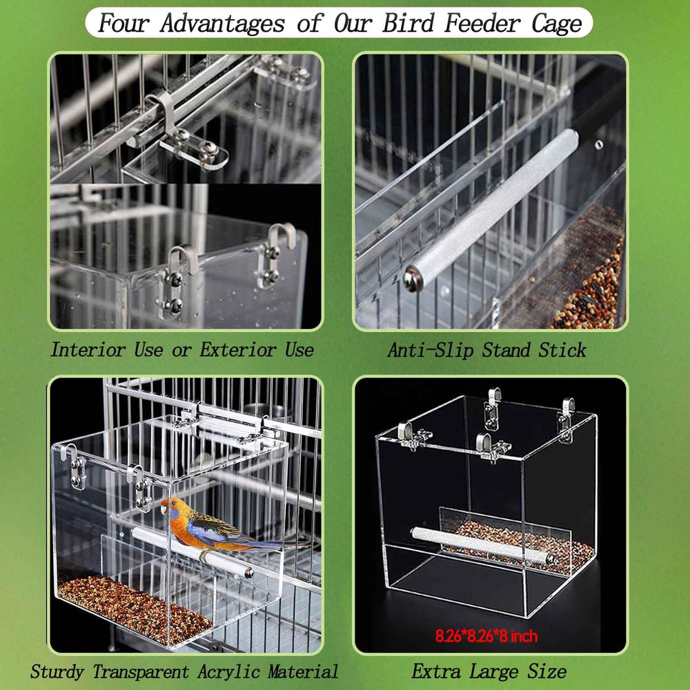 Xxmbbjy clear acrylic bird feeder showing no-mess design for clean cages
