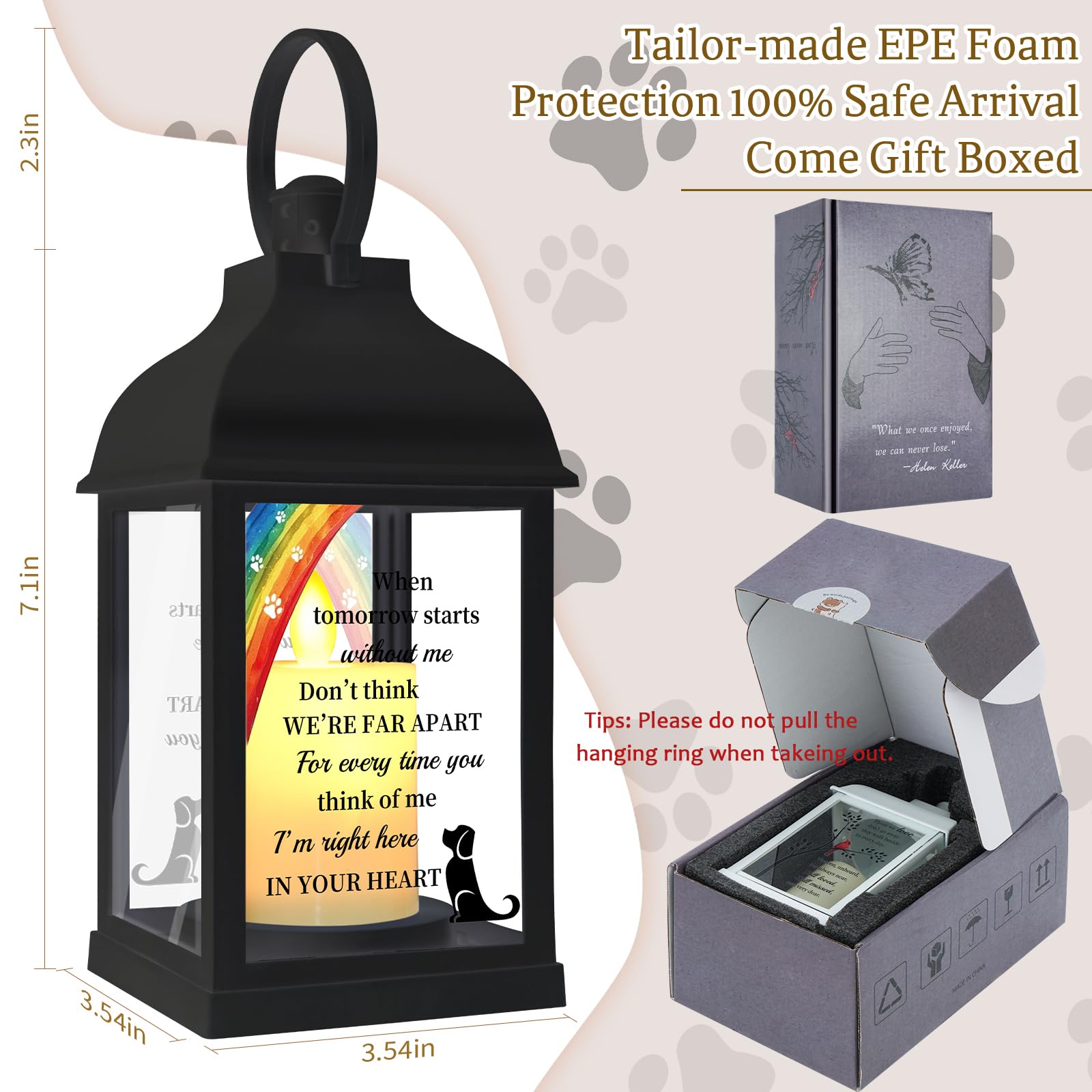 XXSTAR dog memorial lantern close-up inscription highlights durable UV-coated tribute details.