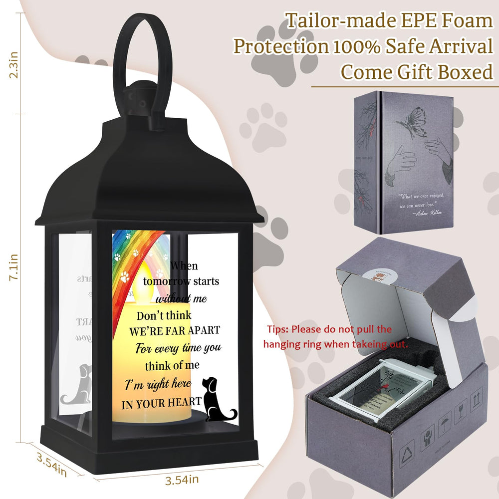 XXSTAR dog memorial lantern close-up inscription highlights durable UV-coated tribute details.