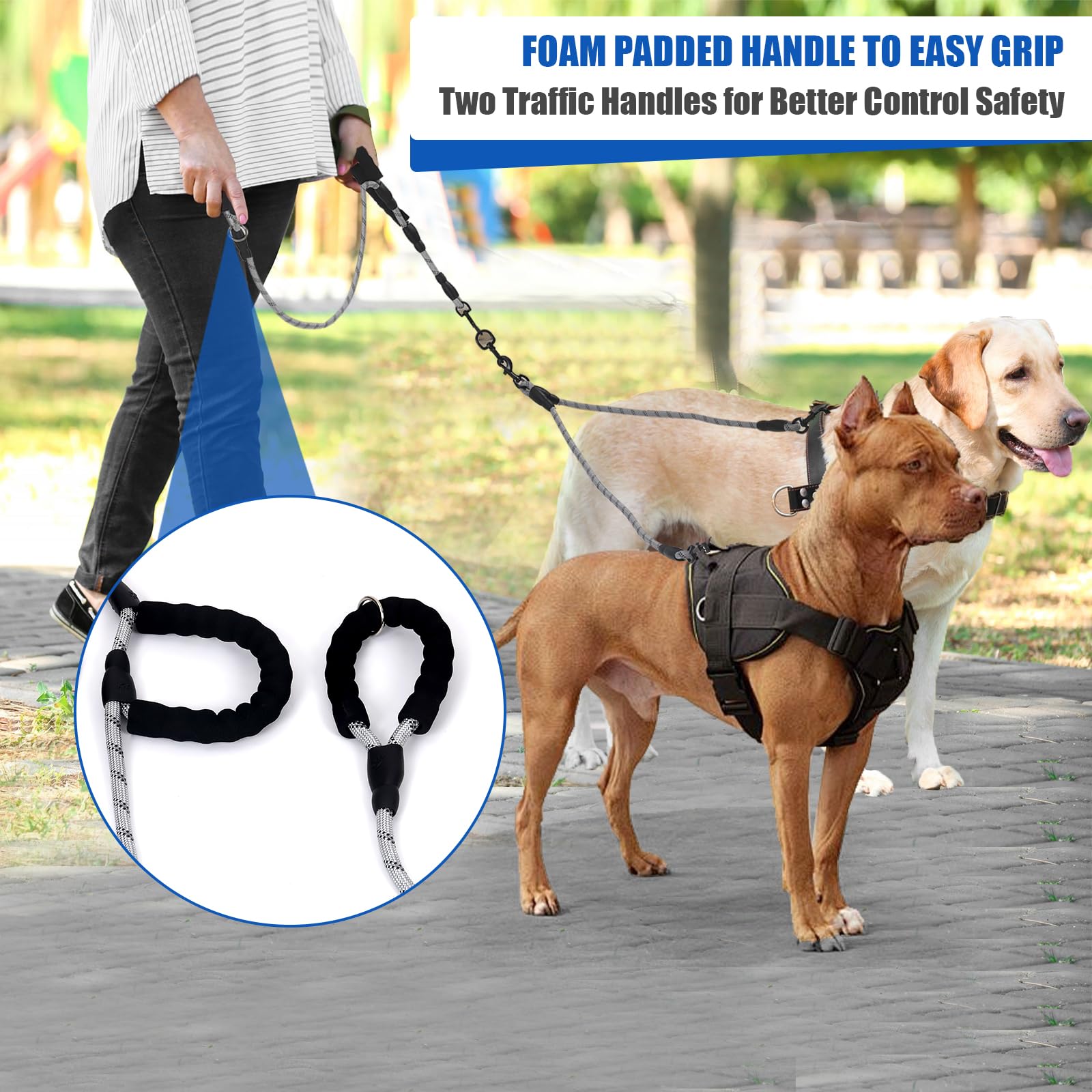 Y-ANNJYA anti-tangle 360 swivel keeps dogs moving freely without knots on strolls.