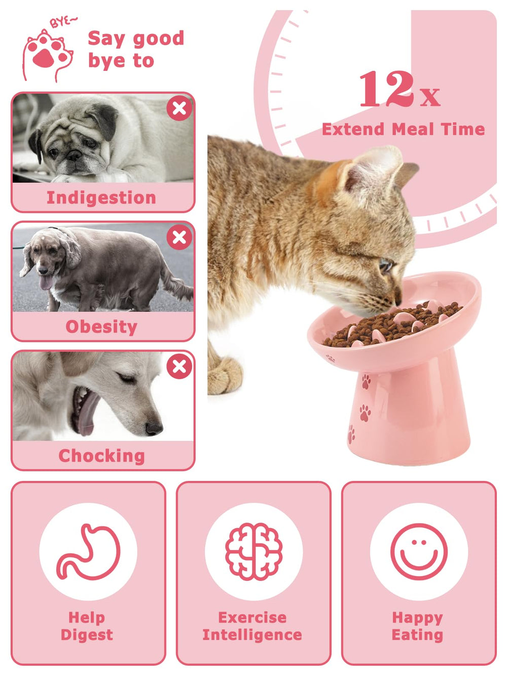 Y YHY elevated ceramic pink cat bowl promotes natural posture during meals.