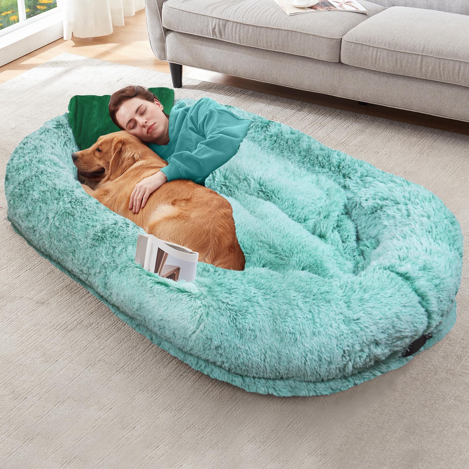 YAEM human dog bed cover on 71x45 shows easy-care removable cover for clean lounging
