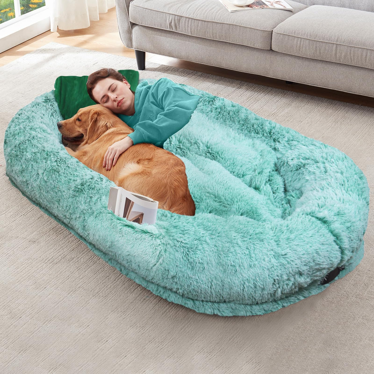 YAEM human dog bed cover on 71x45 shows easy-care removable cover for clean lounging