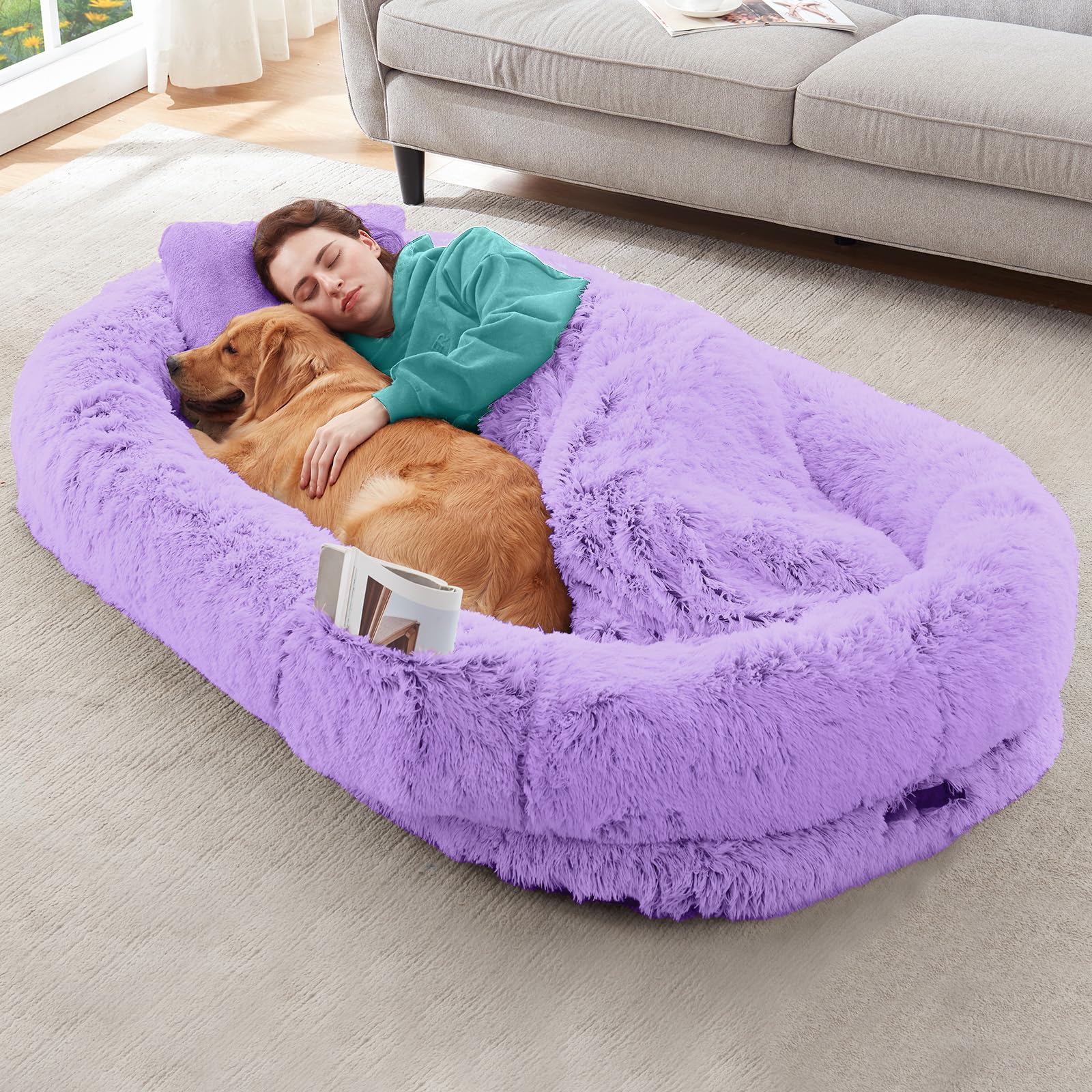 YAEM human dog bed cover close-up shows plush faux fur for cozy lounging