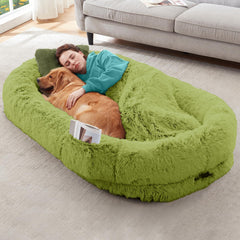 YAEM Human Dog Bed cover close-up shows plush faux fur and easy-care design.