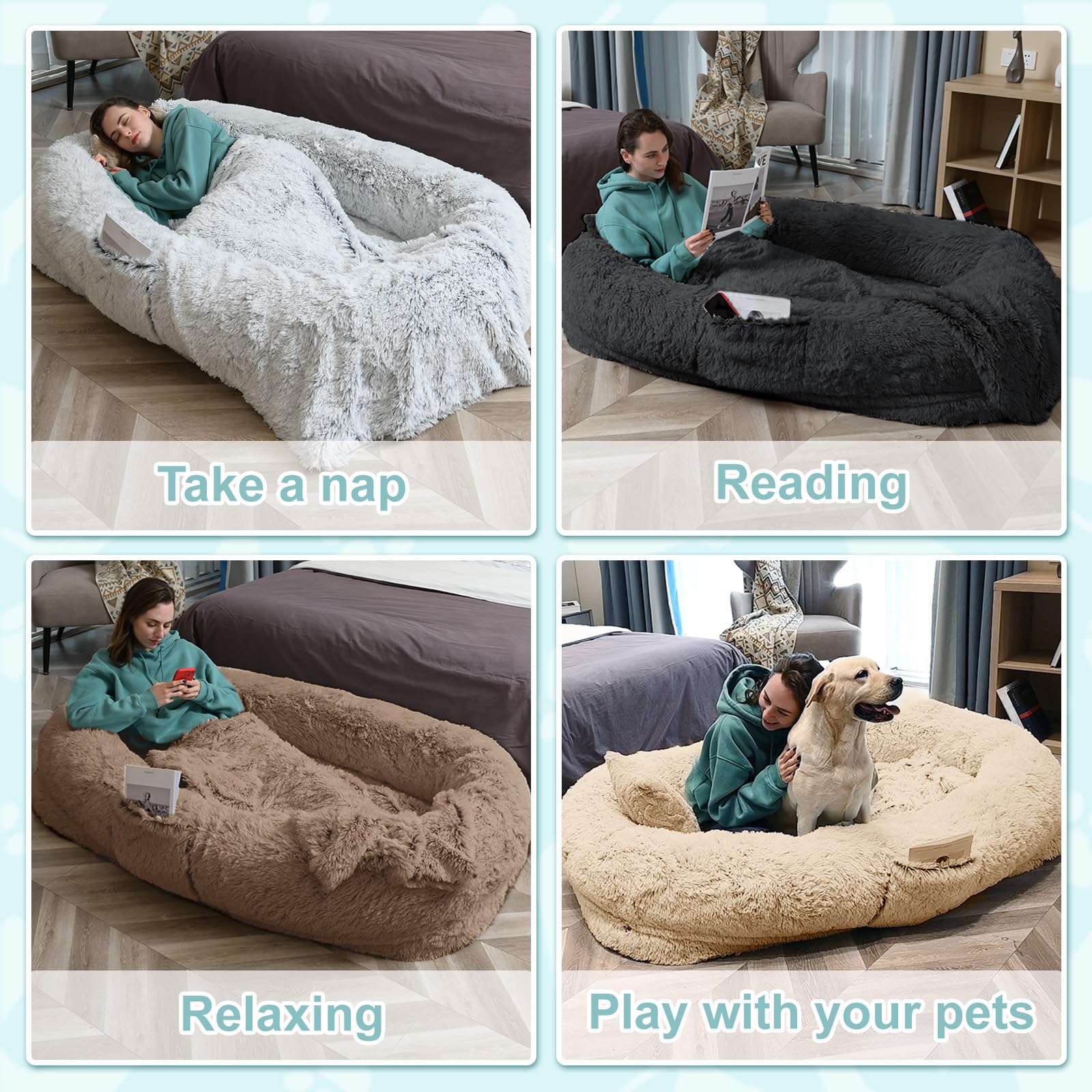 YAEM human dog bed complete kit with blanket and pillow for comfort.