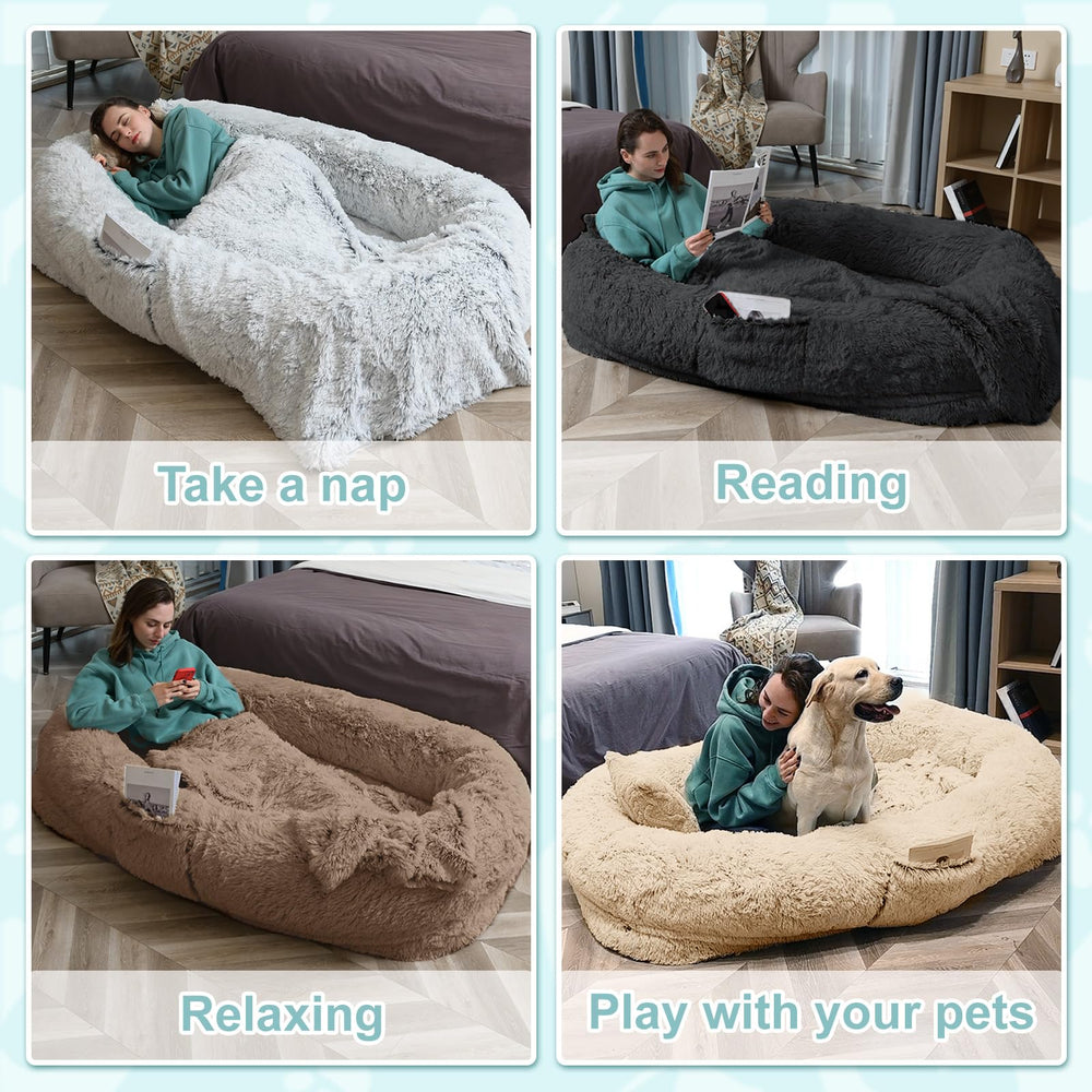 YAEM human dog bed complete kit with blanket and pillow for comfort.
